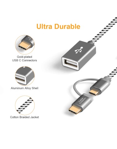 Micro USB + Type C to USB 2.0 Female, Short USB C and Micro USB OTG Cable